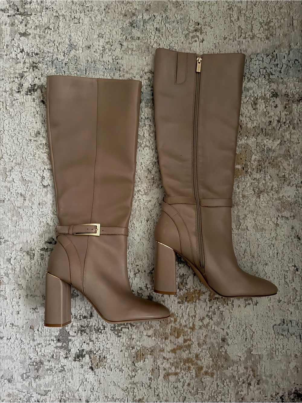 Vince Camuto Taupe Knee-High Block Heel Boots with Gold Accents